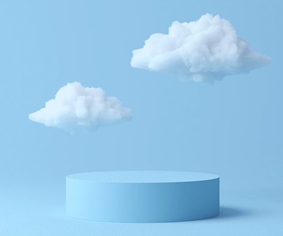 Blue cylinder with white clouds floating above