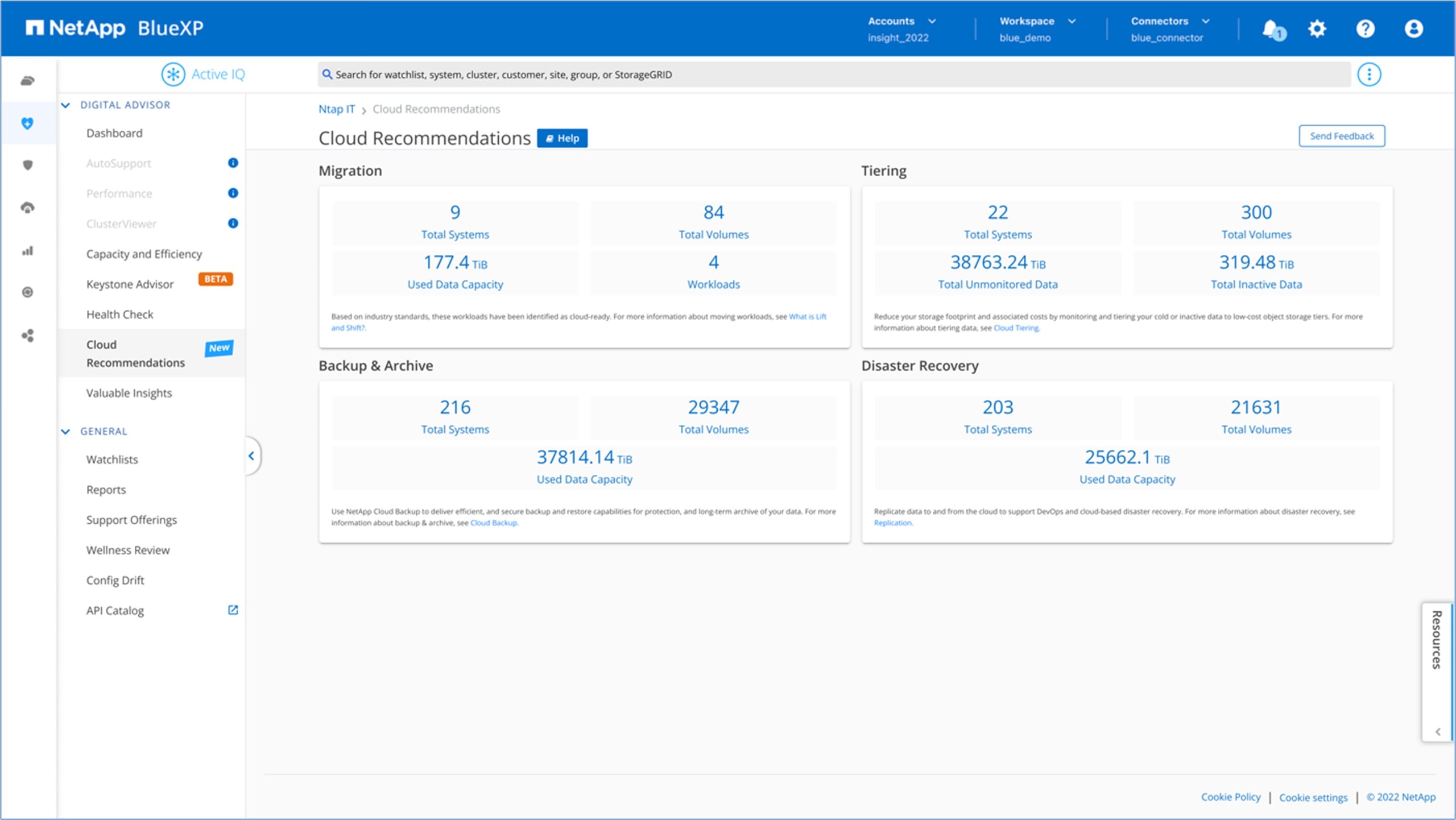 Capture d'écran du tableau de bord des recommandations cloud de NetApp