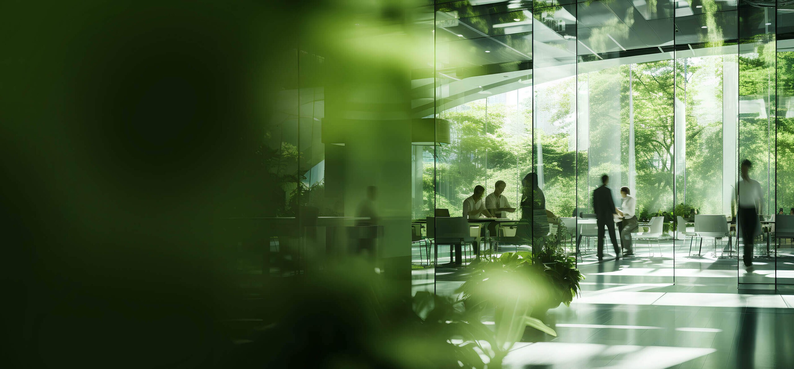 bâtiment en verre entouré de nature et personnes vues depuis le hall