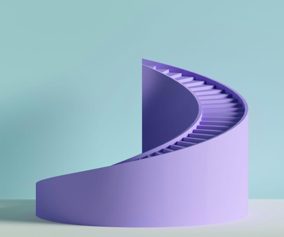 purple spiral staircase in front of light green background