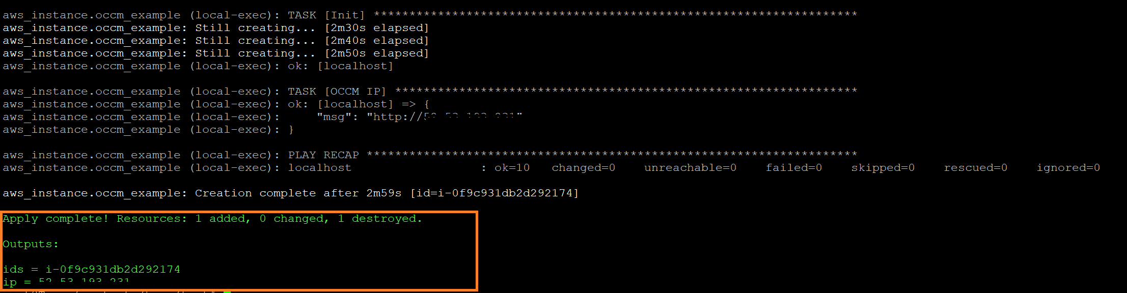 The Cloud Manager ID and IP as output