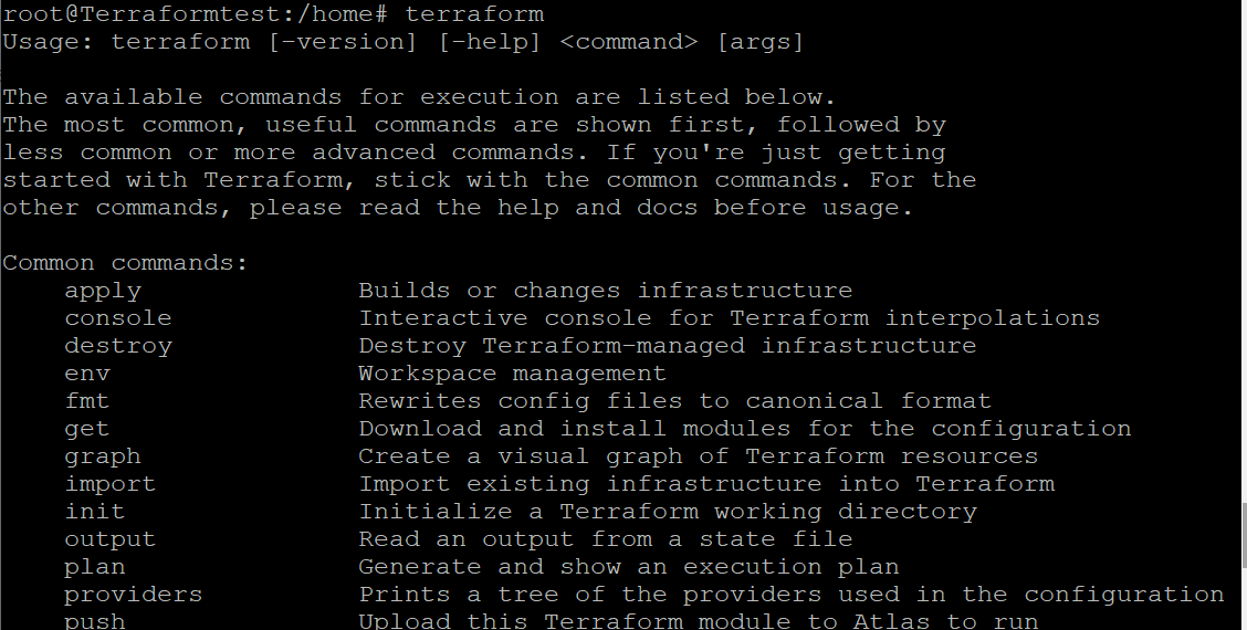 Verify the installation by running the terraform command