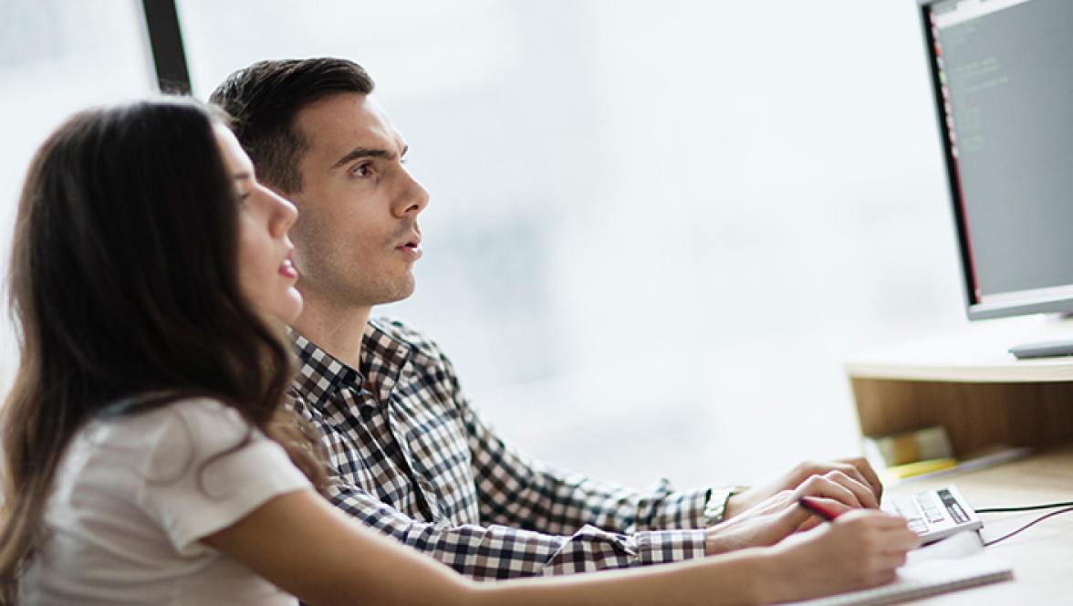 Two persons looking into the monitor