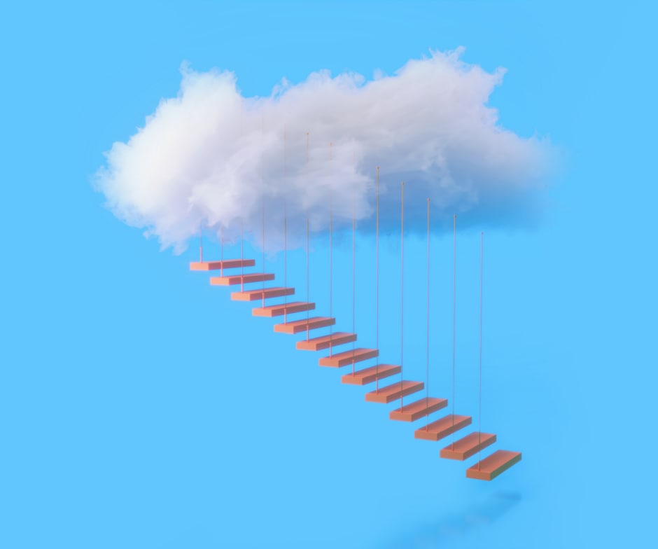 step stairs laying from clouds with hangers