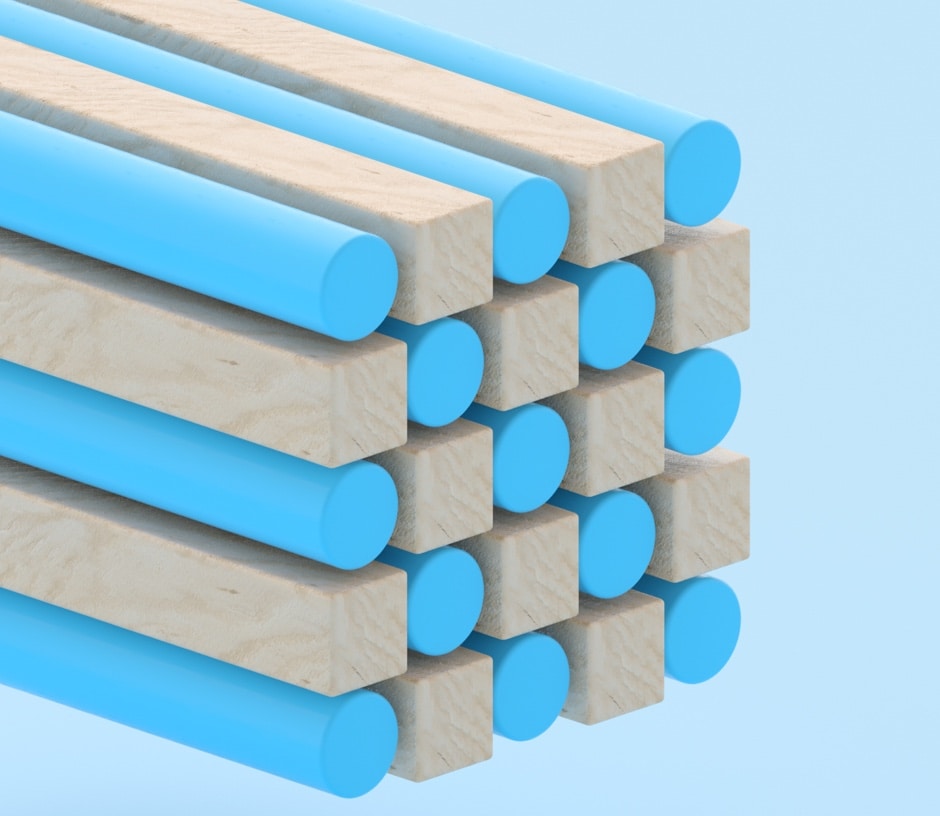 brown square blocks stacked with blue circle blocks on a blue background