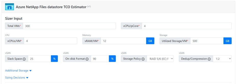 Azure NetApp Files datastore TCO Estimator input table