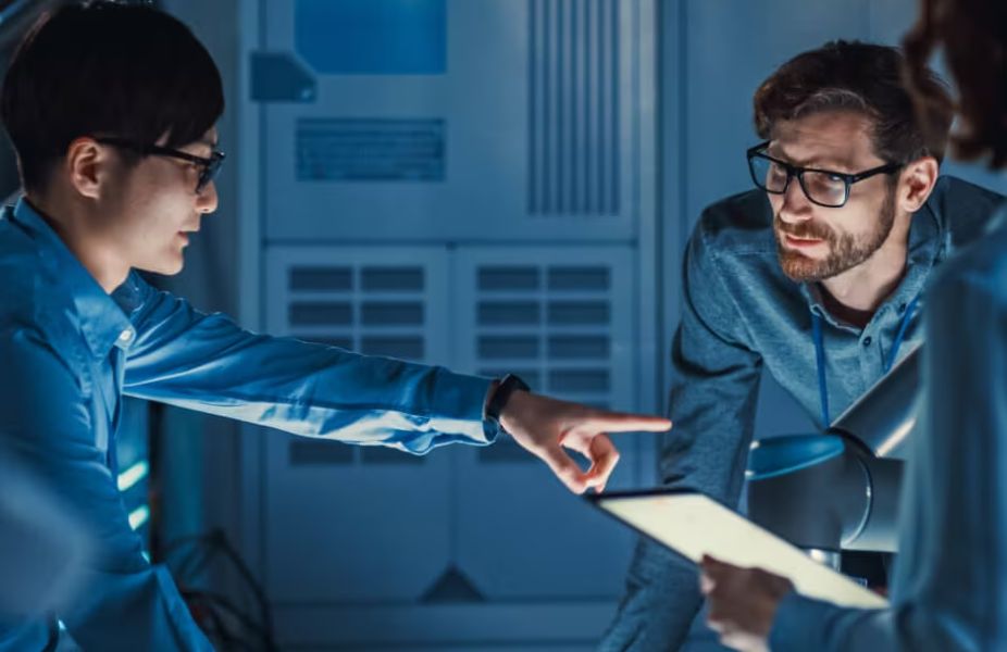 researchers discussing in a conference room 