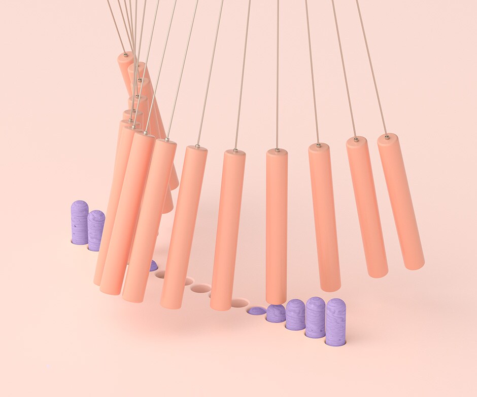 orange pendulums swinging above purple pegs